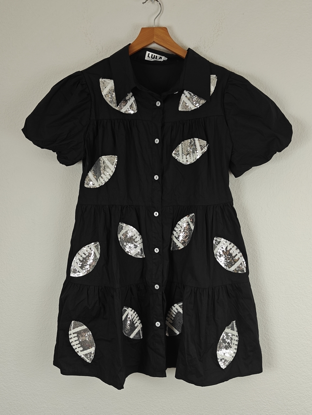 Lula the Label Black Sequin Football Shirt Dress Game Day Glam Puff Sleeve Mini - Picture 4 of 16